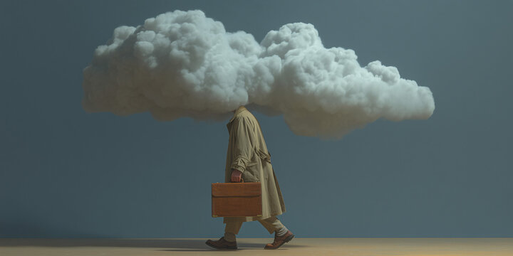 A person burdened by a large cloud, symbolizing stress or heavy thoughts, carries a briefcase and walks under the weight of the cloud