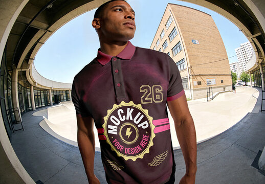 Polo Shirt Mockup On Male Model Fisheye Lens Distortion