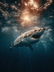 Fototapeta premium A powerful great white shark gracefully swims in a clear ocean, sunlight filtering from above. The mood is one of awe and wonder, showcasing