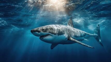 Fototapeta premium Massive Great White Shark swimming near the surface in sunlit blue water