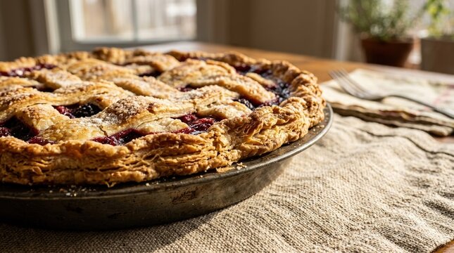 Close-up of a homemade pie with flaky crust resting on linen fabric with sunlight highlighting texture and fine details against a