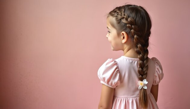 Young girl with long braided hair and a pink dress stands against a soft pink backdrop. Her hair is neatly styled in a thick braid with a small flower accent near the end.