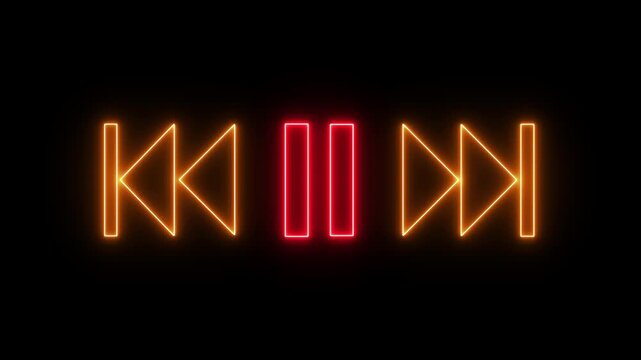 A video showcasing a neon pause button with play and stop symbols on either side in a dark background 4k video animation