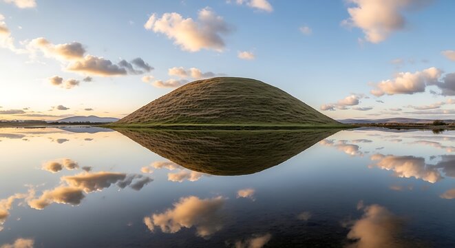 The hill of ward, also known as tlachtga, reflected in the water during a beautiful sunset in county meath, ireland