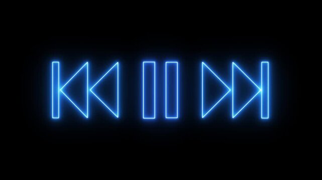 A video showcasing a neon pause button with play and stop symbols on either side in a dark background 4k video animation