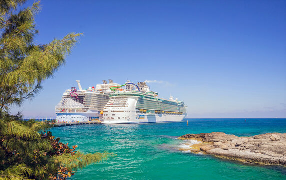 CocoCay, Bahamas - February 22, 2026: Royal Caribbean cruise ships Utopia of the Seas and Liberty of the Seas  docked at the private port of CocoCay in the Caribbean Island of Bahamas 