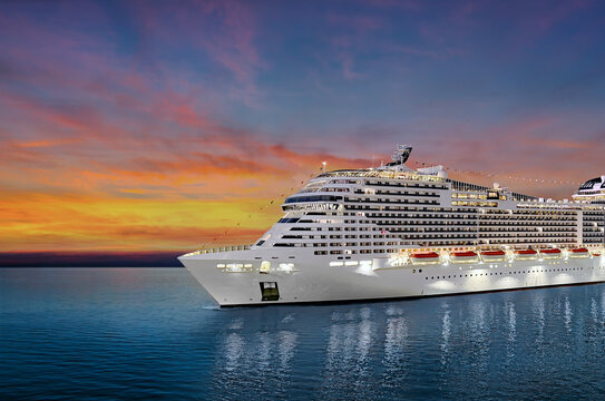 Luxury cruise ship sailing to port on sunrise 