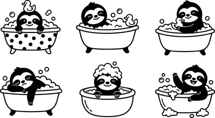 Fototapeta premium Black and white line art cute sloth bathing with bubbles and rubber duck