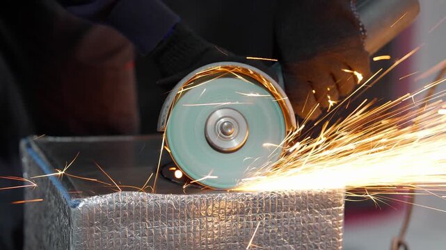 Cutting metal part with angle grinder with bright sparks flying