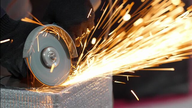 Worker Cutting Metal with Angle Grinder with Sparks in Industrial Workshop