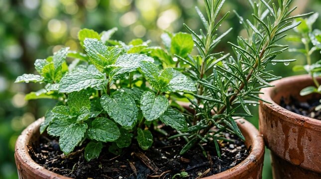 Close-up of vibrant mint leaves and slender rosemary sprigs growing in clay pots with droplets of water glistening under gentle