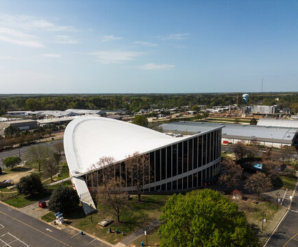 Raleigh, NC - USA - 4-10-2026: Dorton Arena at the North Carolina State Fairgrounds in Raleigh, known for its unique cable-supported saddle shaped roof.