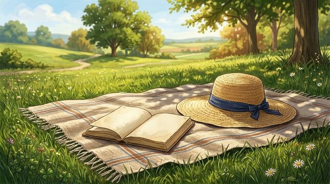 An open book and a wide-brim straw hat resting on a soft picnic blanket spread over green grass under warm summer sunlight with