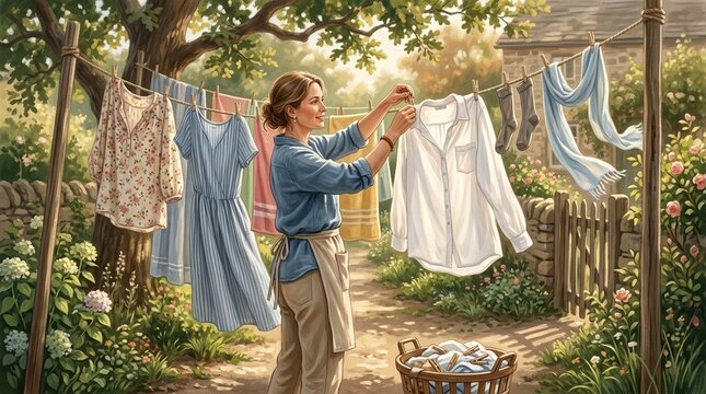 A person adjusting freshly washed clothes on a line with wind softly lifting fabrics and sunlight creating soft highlights and