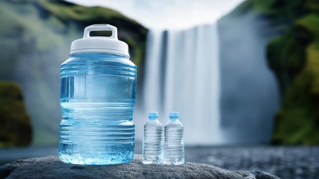 Static shot of large water jug and two plastic bottles standing on rock with waterfall and mossy cliffs in background