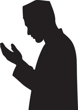 Silhouette of a muslim man wearing a traditional kufi cap praying with hands raised in supplication against white background