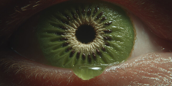 A close-up shot of an eye, with a kiwi fruit slice replacing the iris and pupil, and a water droplet falling. The textures and colors create an intriguing contrast
