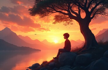 Obraz premium Young boy sits on rock under big tree watching sunrise over water and mountains. He contemplates nature beauty, finding inner peace and calm in serene dawn. Birds fly in orange sky.