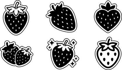 Naklejka premium Black and white strawberry icons set with different shapes and shine effect