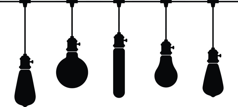 Edison light bulb silhouettes hanging on wires minimalist vector
