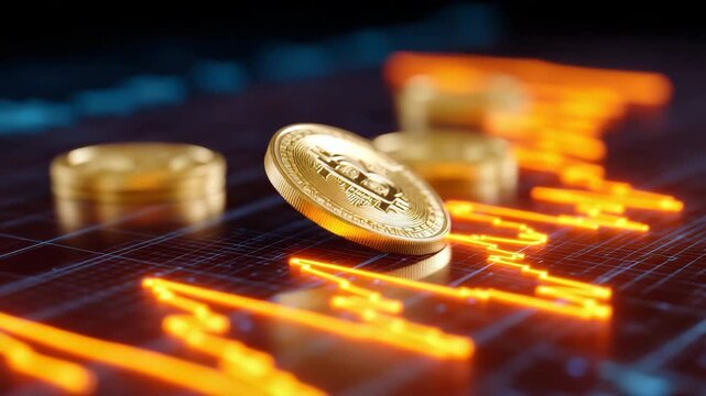 Tracking shot of bitcoin coins flipping and landing on glowing digital trading graph surface in studio close up