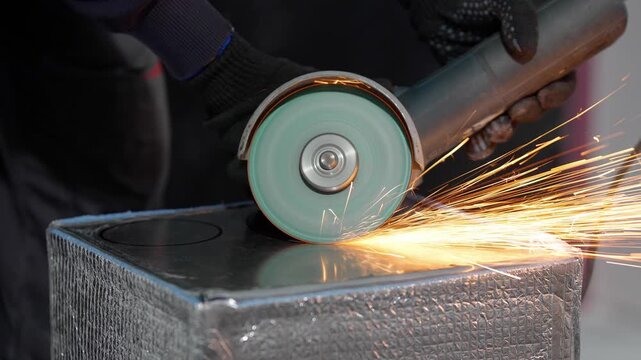 Close-up of a worker in gloves cutting metal with an angle grinder tool in a workshop. Bright sparks flying from the rotating abrasive disc, industrial manufacturing process.