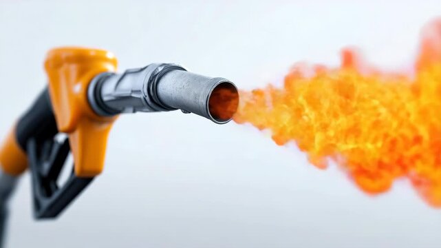 Slow motion close up of fuel pump nozzle spewing flames and spray across white studio background