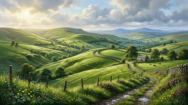 Side view of rolling hills covered in fresh green grass after rain with sunlight casting long soft shadows and emphasizing