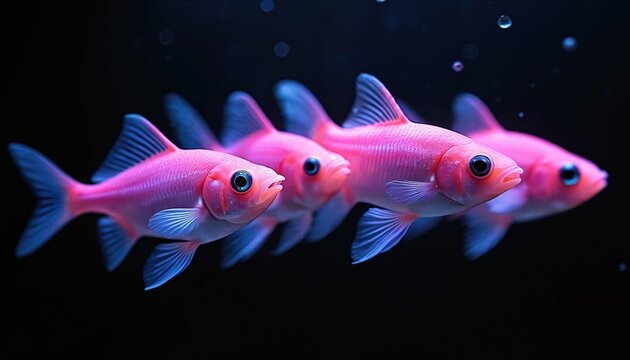 Four neon pink glofish swim in dark water. Small pets school in clear liquid with bubbles. Aquatic animals have blue fins and scales. They glow bright underwater.