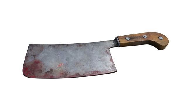 Aged Meat Cleaver with Red Stains and Wooden Handle isolated on a transparent background
