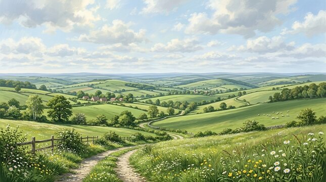A panoramic view of a spring field stretching to the horizon with scattered clouds and soft shadows over rolling green hills,