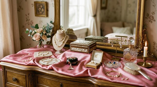 A vanity table setup with jewelry displayed on pink silk alongside small decorative boxes with soft ambient light creating a