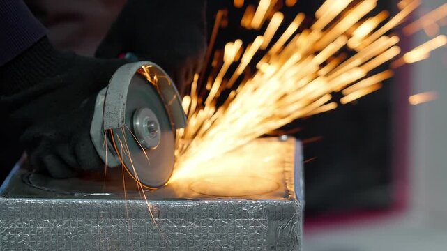 A professional worker using a high-speed angle grinder to cut through a metal part