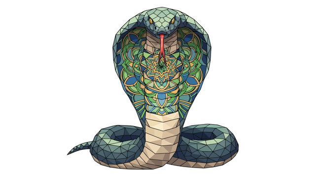 Vibrant stained glass cobra snake head illustration with colorful mosaic patterns isolated on white background