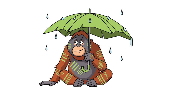 Cartoon orangutan sitting under green umbrella in rain, wearing orange sweater isolated on white background