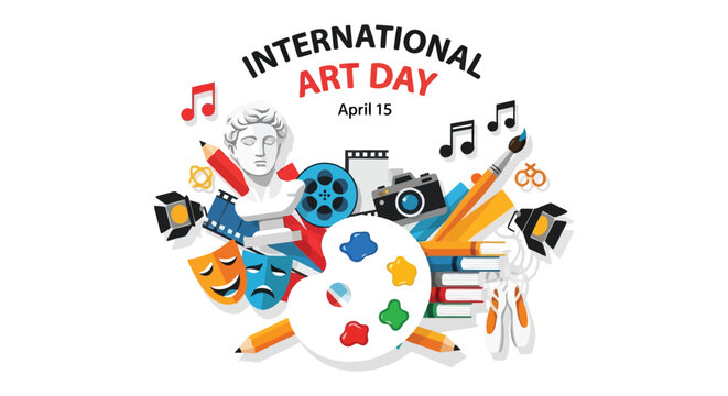 International Art Day April 15 colorful artistic tools and symbols illustration isolated on white background