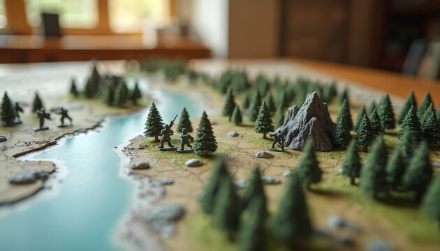 Miniature soldiers stand on a battle map with trees and river. Military planning table top game setup. Army figures on terrain layout with detailed topography. Combat tactics simulation.