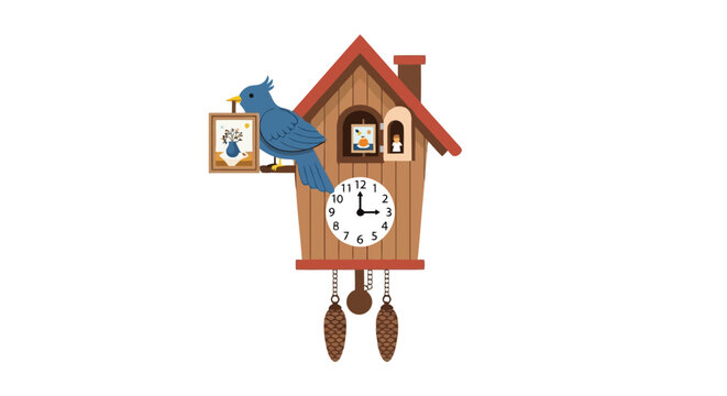 Cuckoo clock with blue bird on illustration isolated on white background