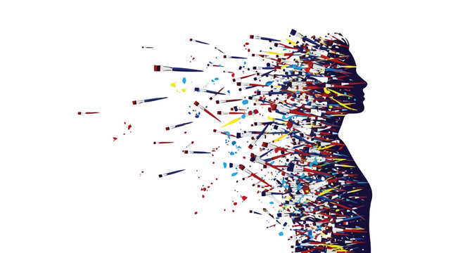 Colorful human head silhouette exploding into multicolored particles isolated on white background