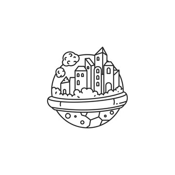 Miniature city on a small planet line art doodle icon