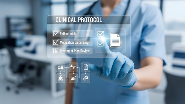 Medical professional interacting with a clinical protocol interface for healthcare and medical technology.