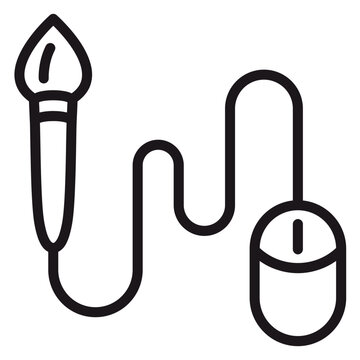 Black line vector icon of a paintbrush connected to a computer mouse by a wavy cord, symbolizing digital art, graphic design, creative software, digital painting, and modern artistic technology.