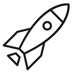 Minimalist black line art vector icon of a rocket ship launching into space, symbolizing startup business growth, technology innovation, and cosmic exploration, isolated on a white background. © Azan