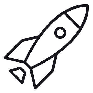 Minimalist black line art vector icon of a rocket ship launching into space, symbolizing startup business growth, technology innovation, and cosmic exploration, isolated on a white background.