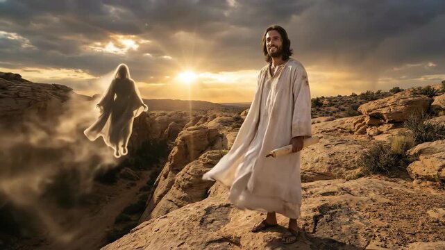 Jesus standing in a desert landscape holding a scroll while a translucent spirit emerges in the sky. Religious scene reflecting divine presence and spiritual faith.