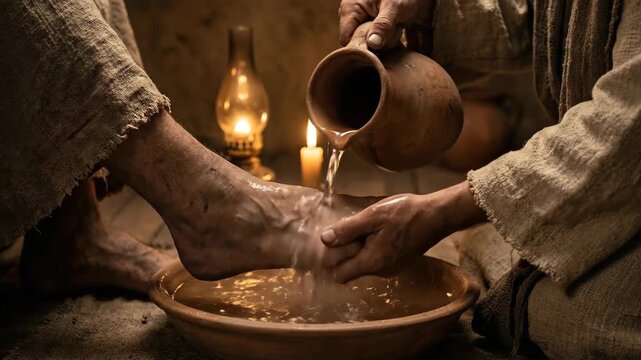 Jesus washing disciple foot in ancient setting. Humble act of service by prophet. Religious ritual of humility and devotion for easter or lent christian tradition.