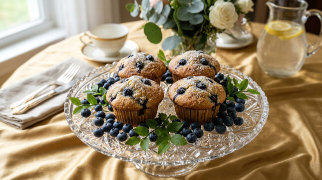 Four blueberry muffins an elegant Crystal serving plate surrounded by blueberries and leaves on a table covered with a gold silk tablecloth