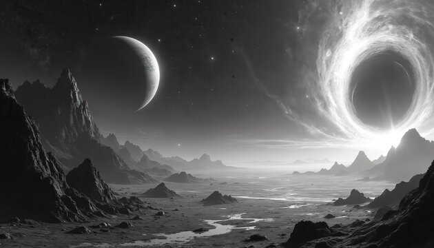 Alien moonscape with giant crescent planet overhead. Distant mountains, swirling galaxy create cosmic panorama. Dark barren terrain with shallow water pools. Otherworldly sky features star field,