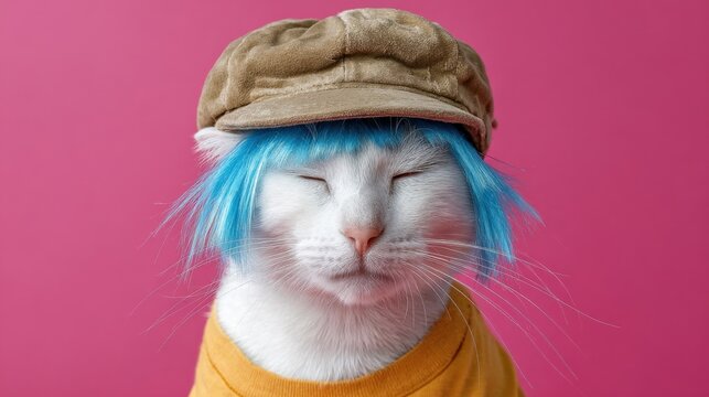Charming white cat in yellow shirt with blue wig and cap on pink background