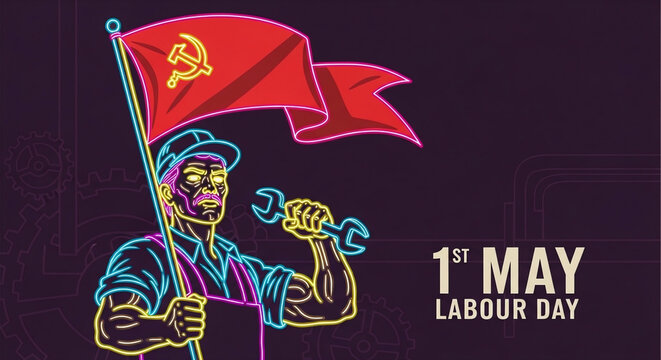 vibrant labour day worker with soviet flag illustration